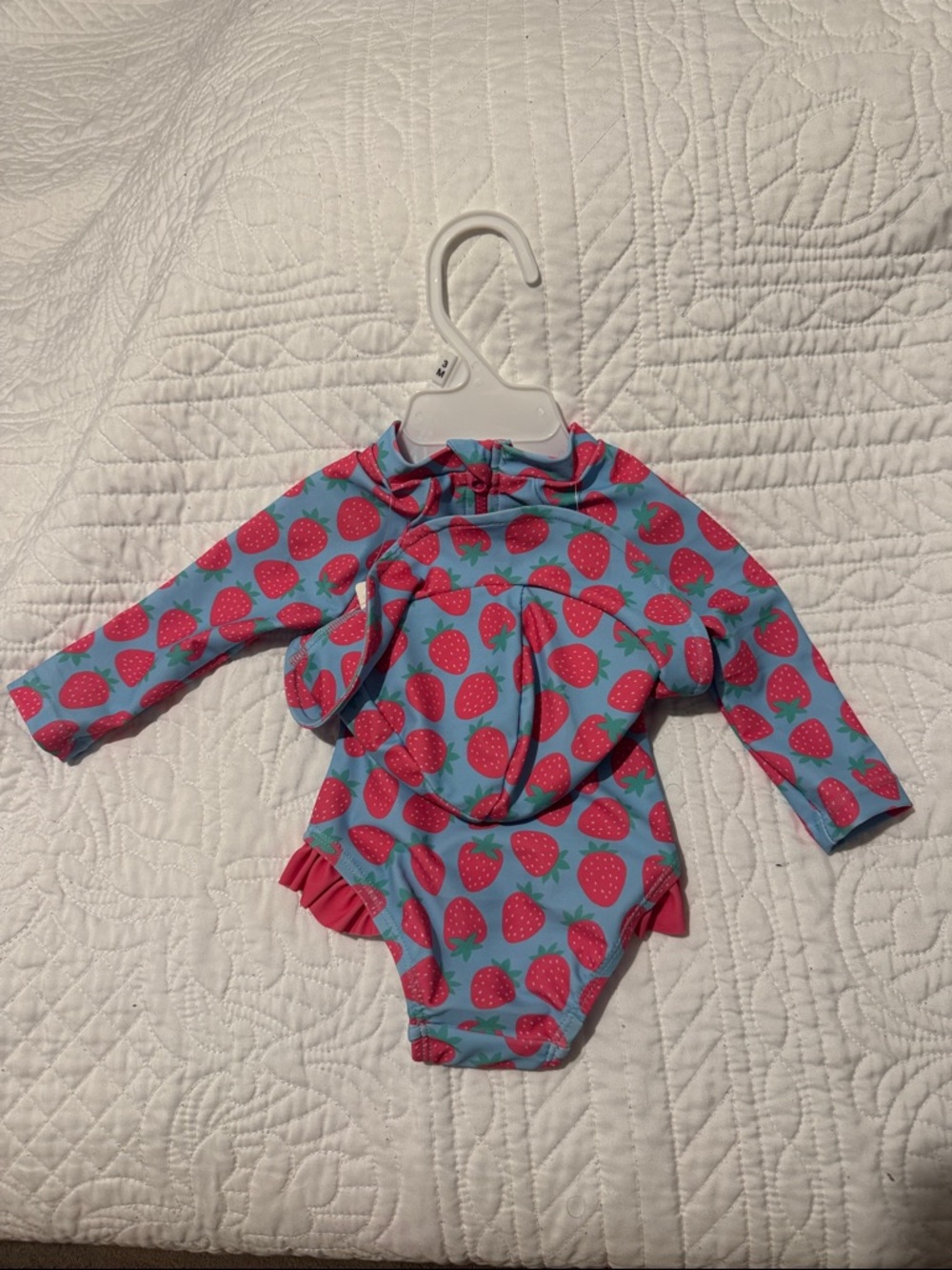 Kids Long-Sleeve One-Piece Swimsuit in Aqua with Pink Strawberry Print